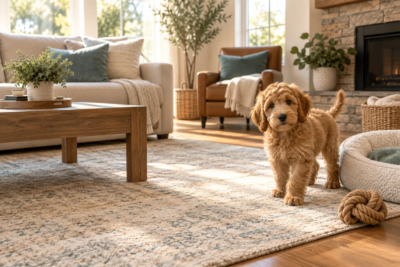 A Goldendoodle puppy safely exploring a tidy living room