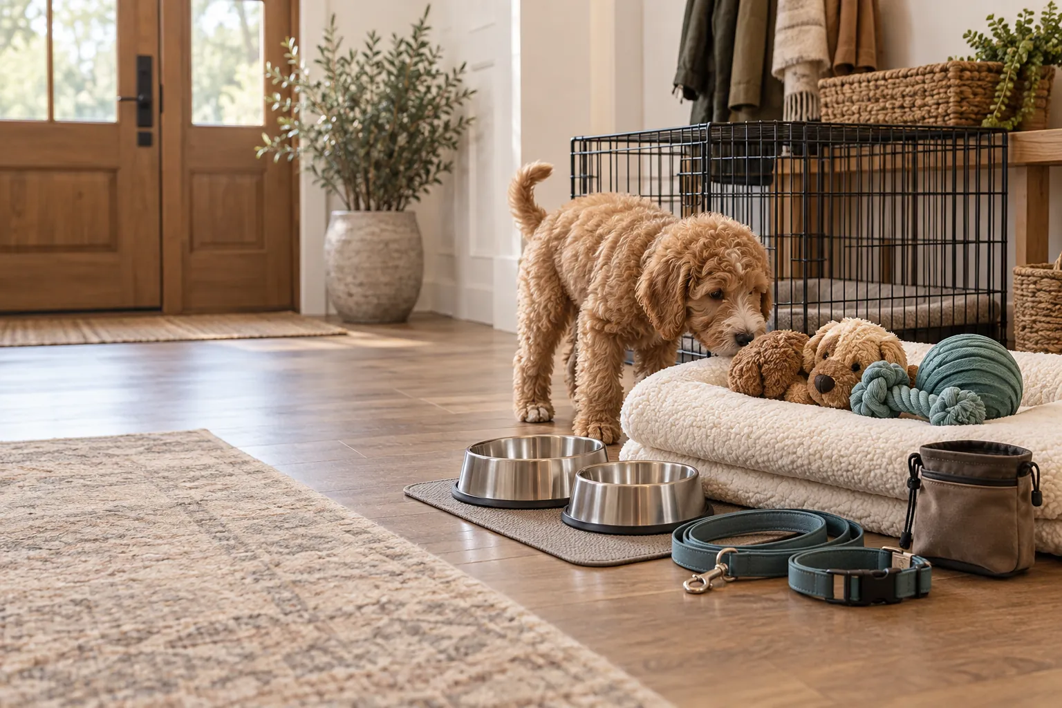 A Goldendoodle puppy beside thoughtfully arranged puppy supplies