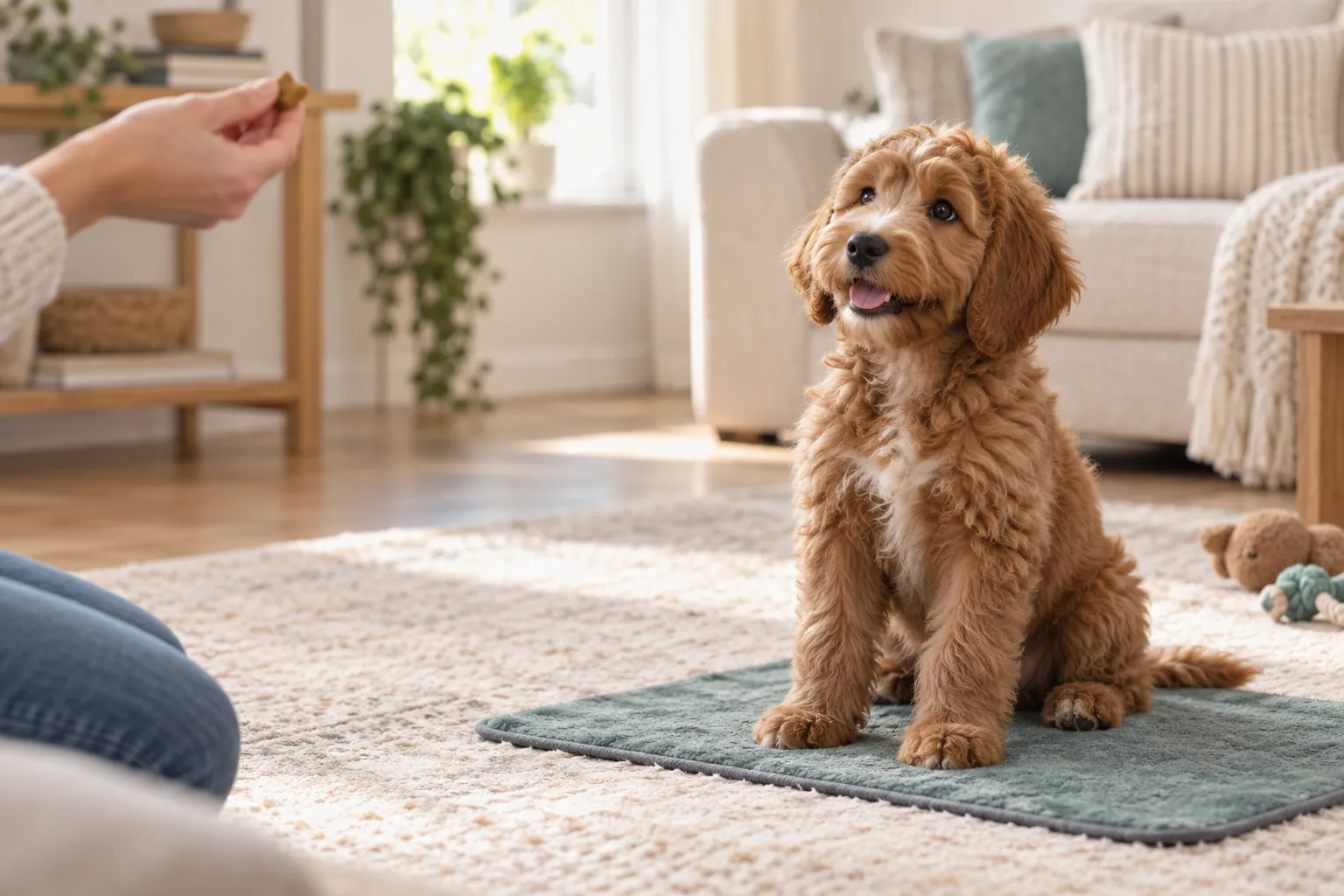 A Goldendoodle puppy practicing reward-based training