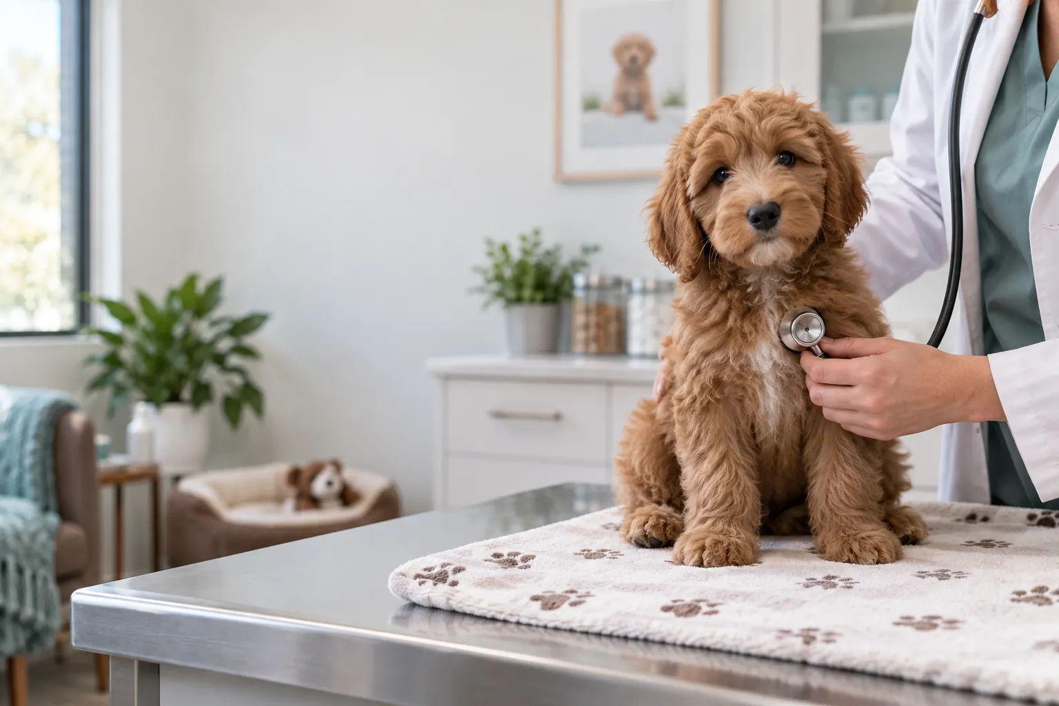 A Goldendoodle puppy having a calm veterinary check-up