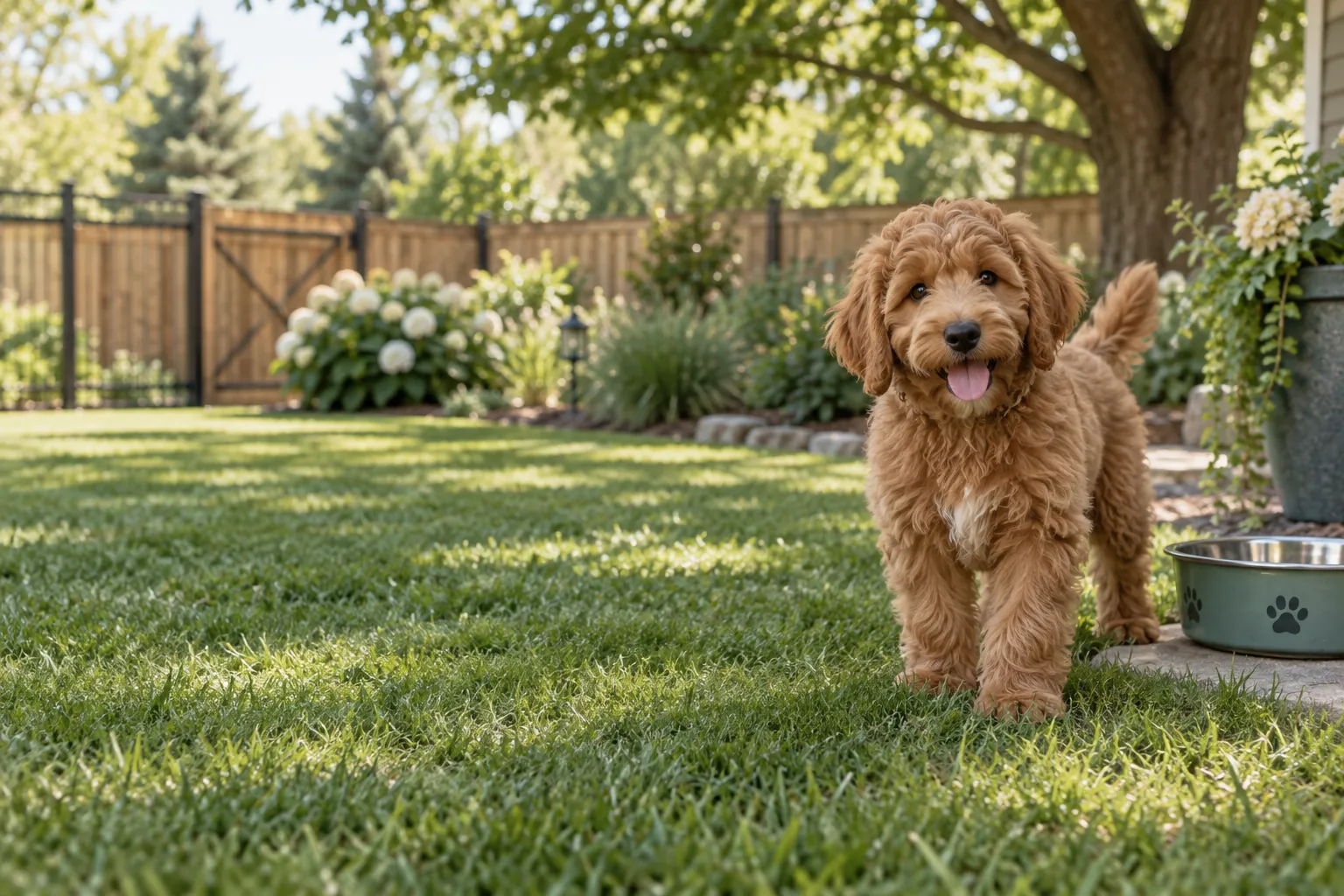 A Goldendoodle puppy in a safe fenced backyard