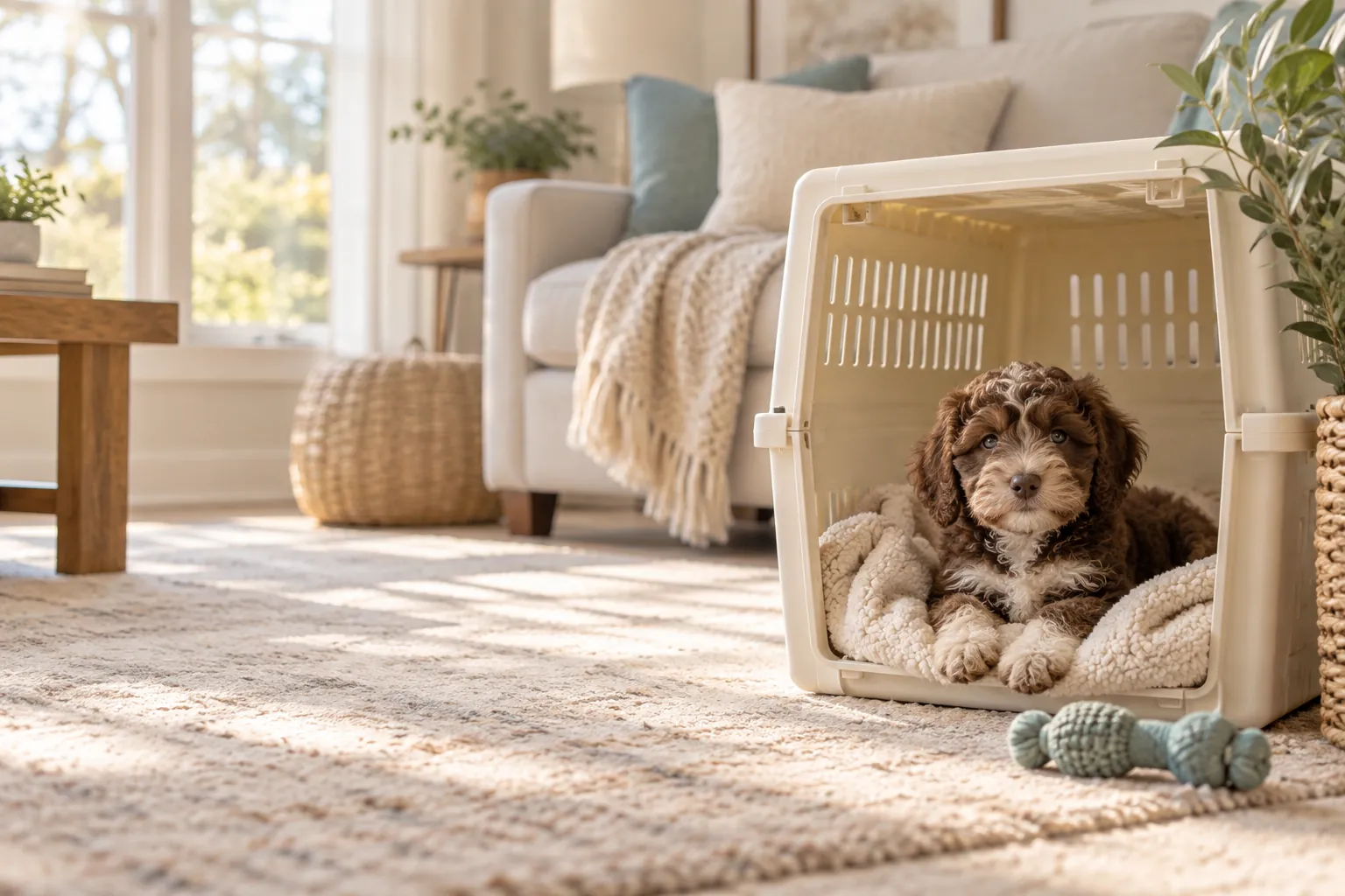 A Goldendoodle puppy resting calmly near an open crate