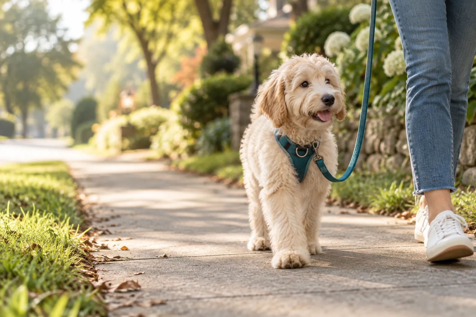 A Goldendoodle puppy walking on a relaxed leash