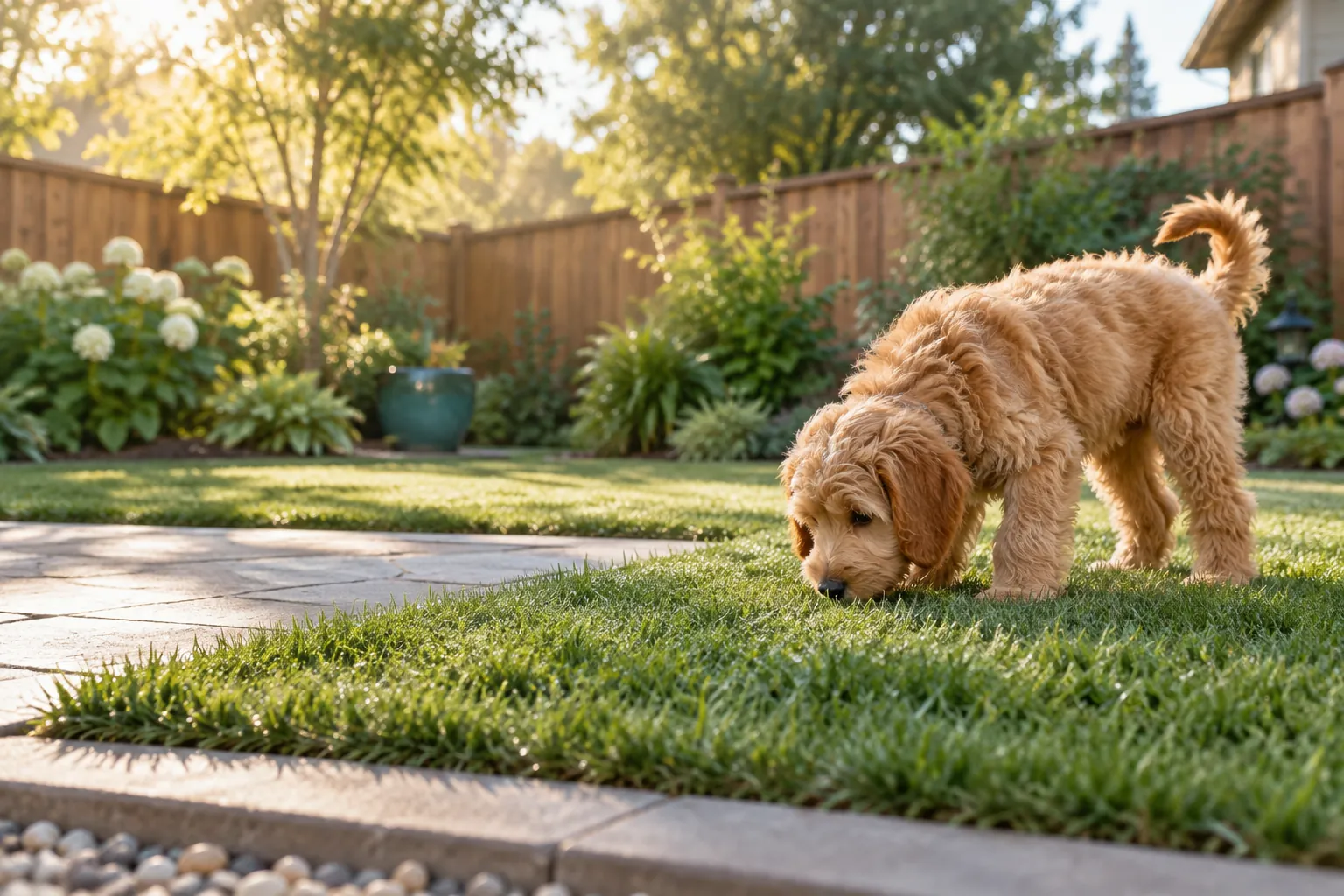 A Goldendoodle puppy exploring a designated grassy potty area