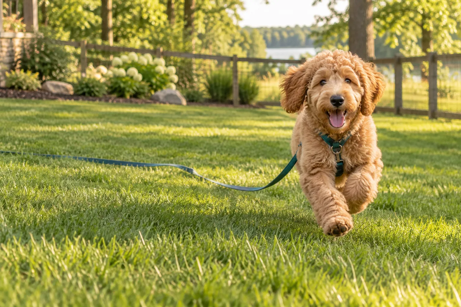 A Goldendoodle puppy joyfully moving toward its family in a fenced yard