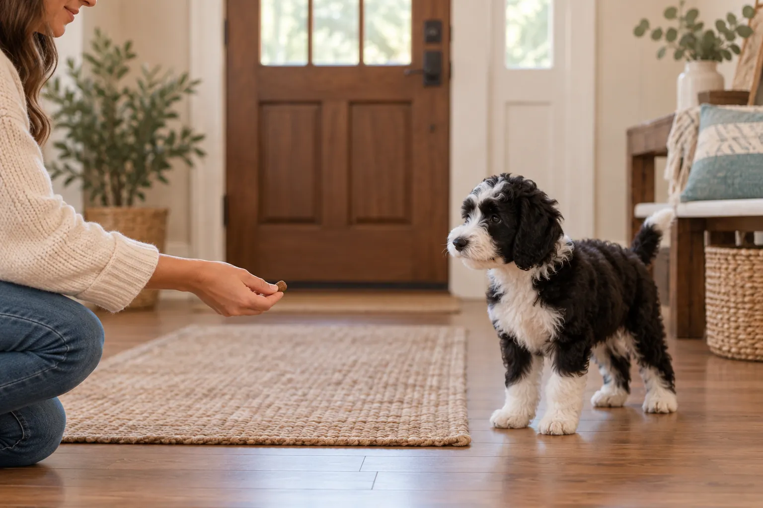 A relaxed Goldendoodle puppy observing a friendly person at a comfortable distance